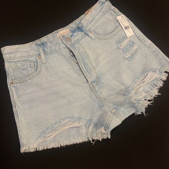 ~ NEW PacSun 27 Denim Festival Shorts Boho Acid Wash Rip Button High Waist Blue - Picture 6 of 14